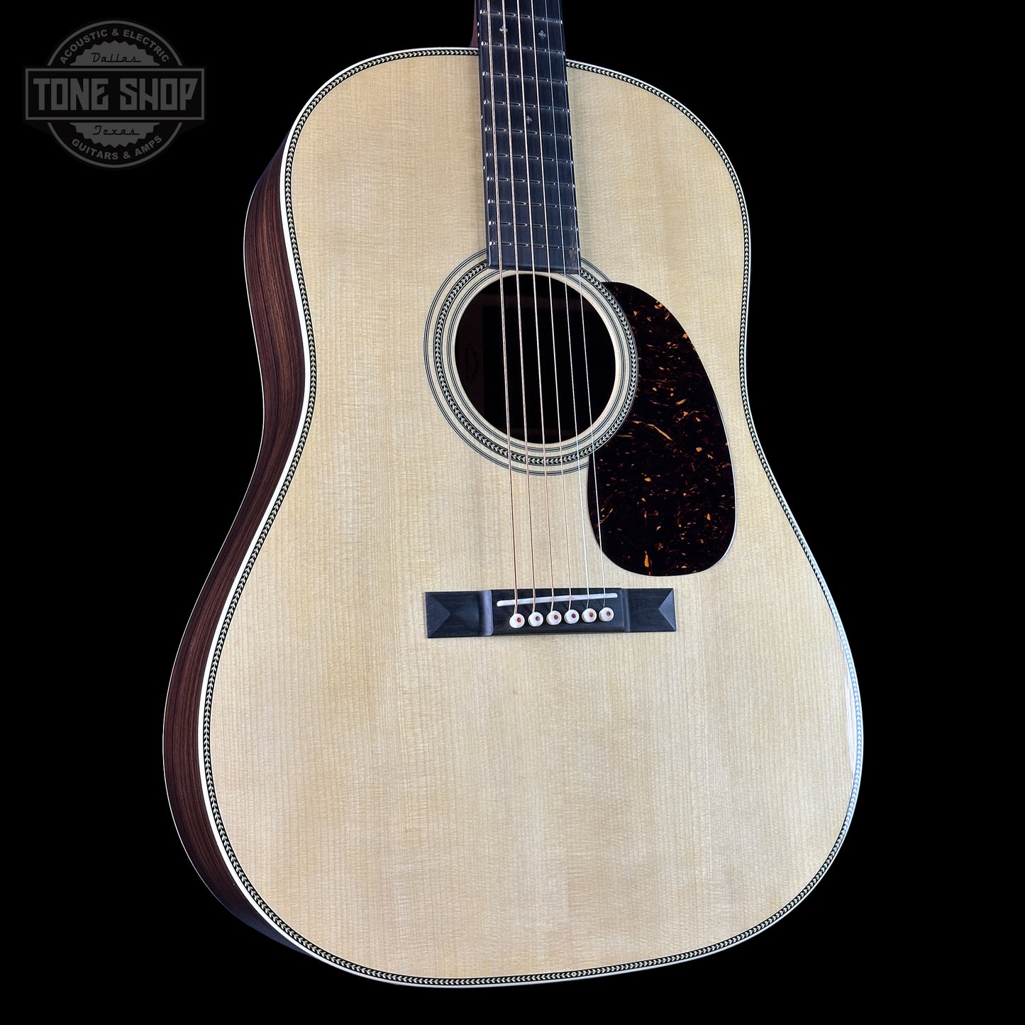 Front angle of Martin Custom Shop Dread 12-Fret Wild Grain East Indian Rosewood.