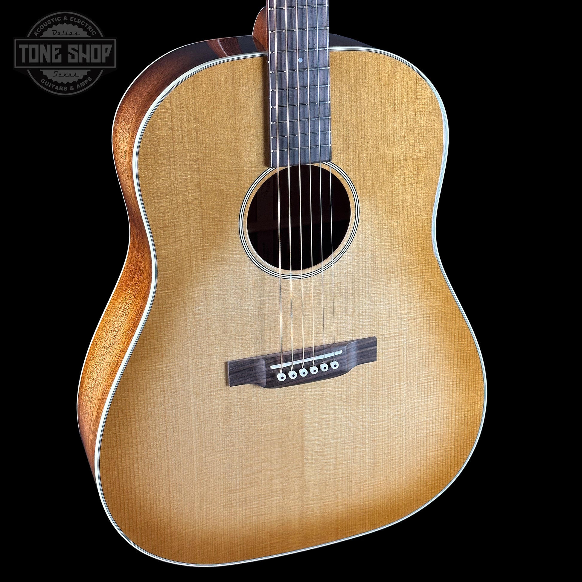 Front angle of Martin Custom Shop Slope Shoulder Dread VTS Spruce/Mahogany Toasted Burst.