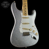 Front angle of Fender Custom Shop 1969 Stratocaster Journeyman Relic Silver Sparkle.