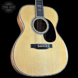 Front angle of Martin Custom Shop OM 45 Style Adirondack/Exceptional Broad Figure Koa.