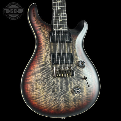 Front angle of PRS 40th Anniversary Custom 24 Satin Limited Charcoal Tri-Burst.