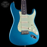 Front angle of Fender Custom Shop 1963 Stratocaster Journeyman Relic Ocean Turquoise AAA Maple Neck.