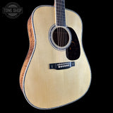 Front angle of Martin Custom Shop Dread 41 Style Adirondack / Exceptional Broad Figure Koa.