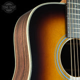 Front angle of Martin Custom Shop Dread 28 Style 1935 Sunburst Adirondack / Wild Grain East Indian Rosewood.