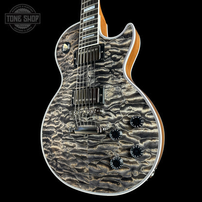 Front angle of Gibson Custom Shop TSG Anniversary Les Paul Custom Chambered 7A Quilt Cobra.