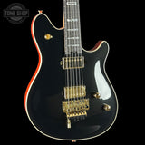 Front angle of EVH Custom Shop Wolfgang 2H Black Metallic/Candy Tangerine.