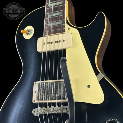 Front angle of Custom Shop Dealer Select 1956 Les Paul Standard Bigsby Ebony Top Light Aged NH.