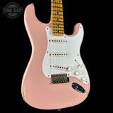 Front angle of Fender Custom Shop 70th Anniversary 1954 Stratocaster Relic Shell Pink.