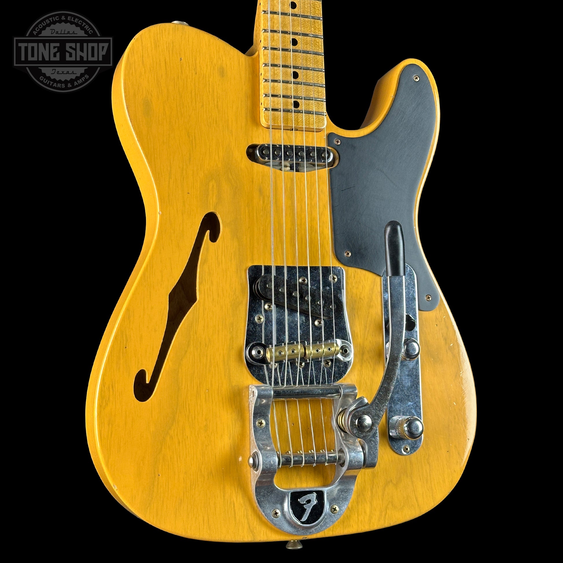 Front angle of Fender Custom Shop Postmodern Tele MN Journeyman Relic Aged Butterscotch Blonde.