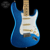 Front angle of Fender Custom Shop 1969 Stratocaster Journeyman Relic Blue Sparkle.