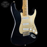 Front angle of Fender Custom Shop Limited Edition Roasted '54 Strat Journeyman Relic Aged Black.