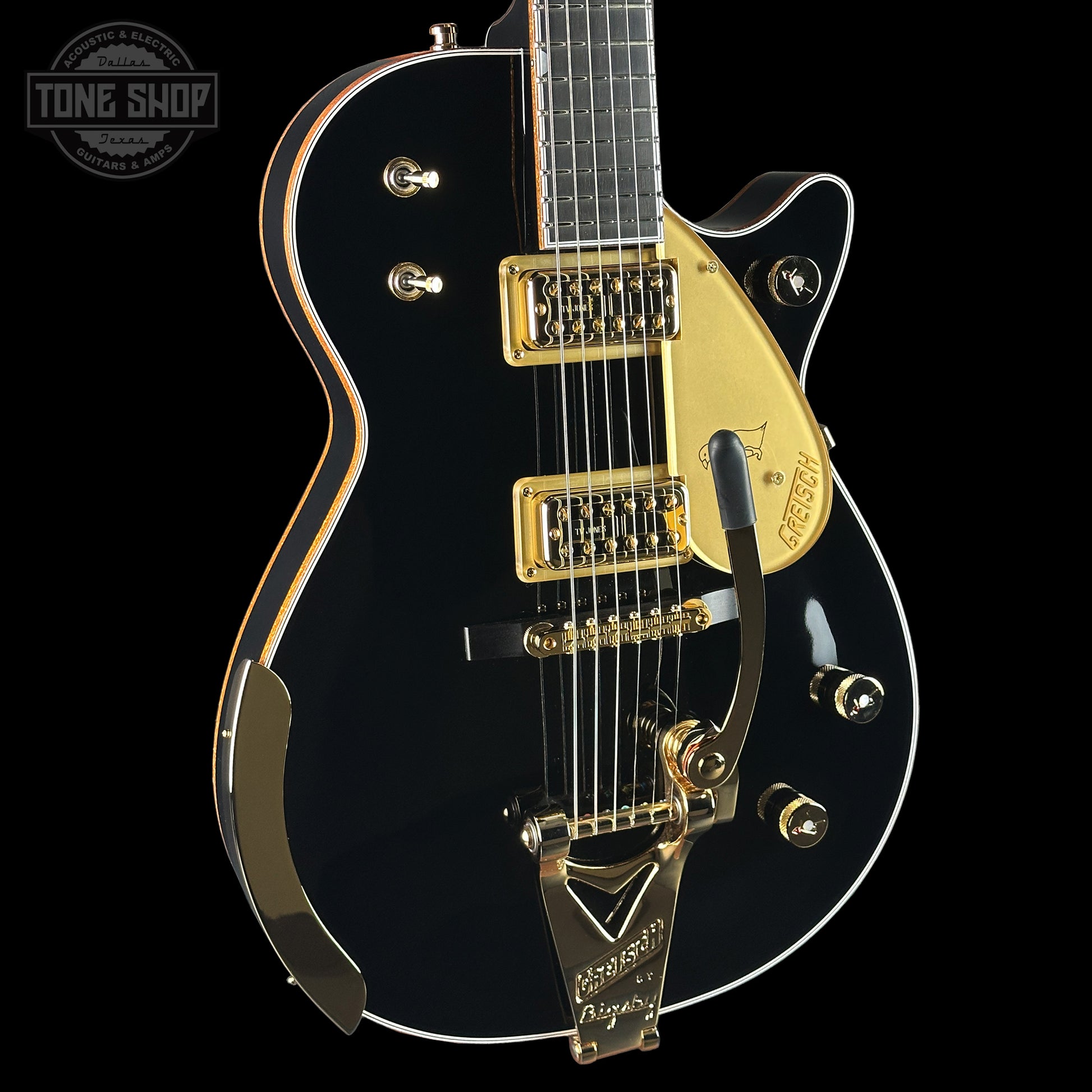 Front angle of Gretsch G6134T-58-TSFSR Tone Shop Exclusive Vintage Select Edition 58 Penguin Ebony.