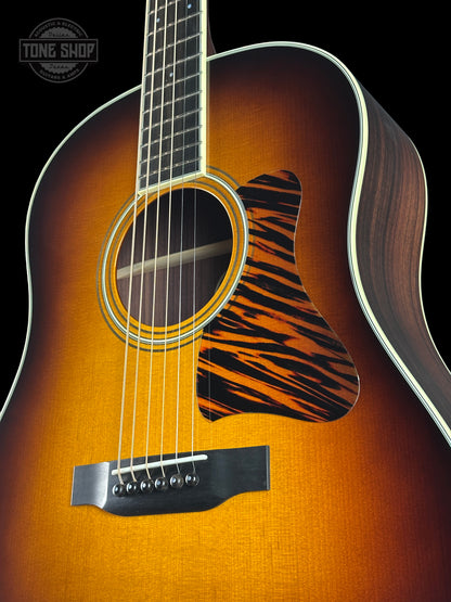 Front angle of Collings CJ Adirondack Sunburst Tigerstripe Pickguard.