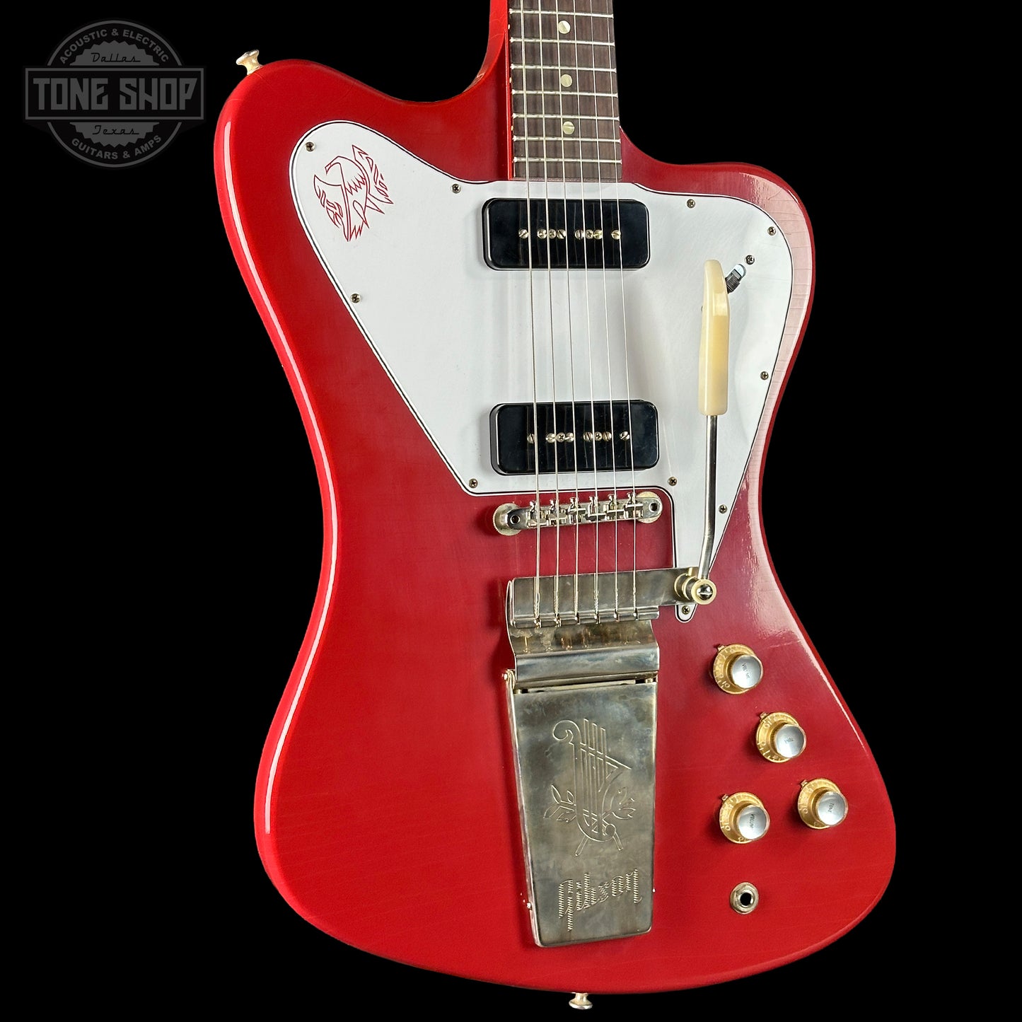 Front angle of Gibson Custom Dealer Select 1965 Non Reverse Firebird Ember Red Ultra Light Aged.