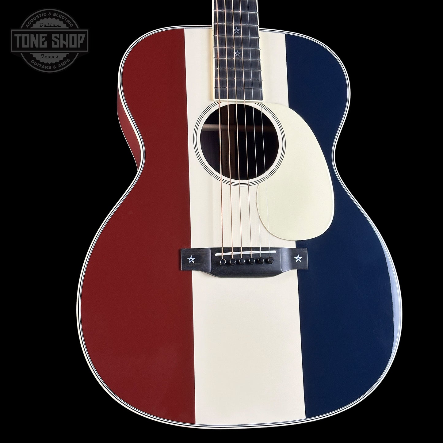 Front angle of Martin Custom Shop OM Red/White/Blue Sitka/EIR.