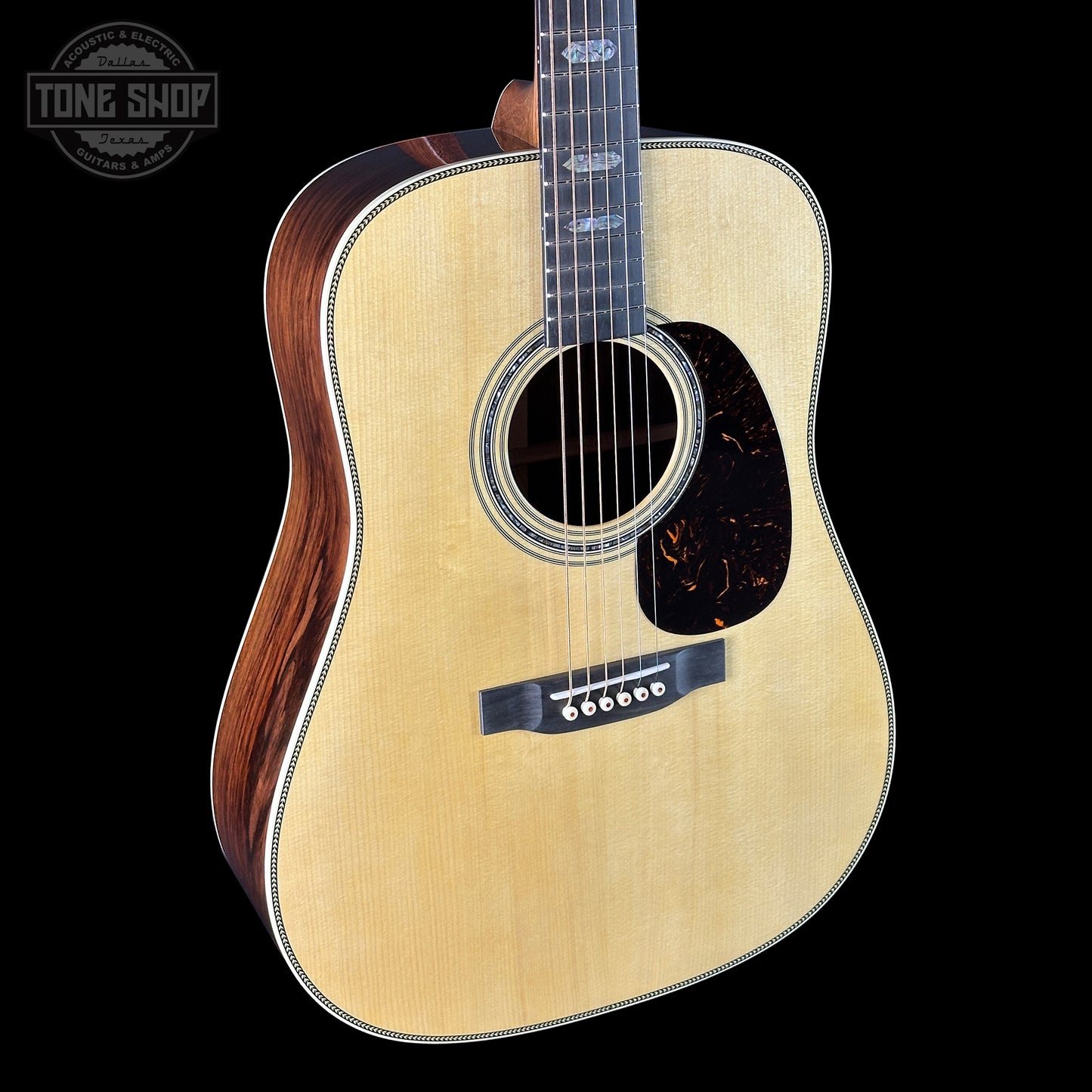 Front angle of Martin Custom Shop Dread 14-Fret Wild Grain East Indian Rosewood.