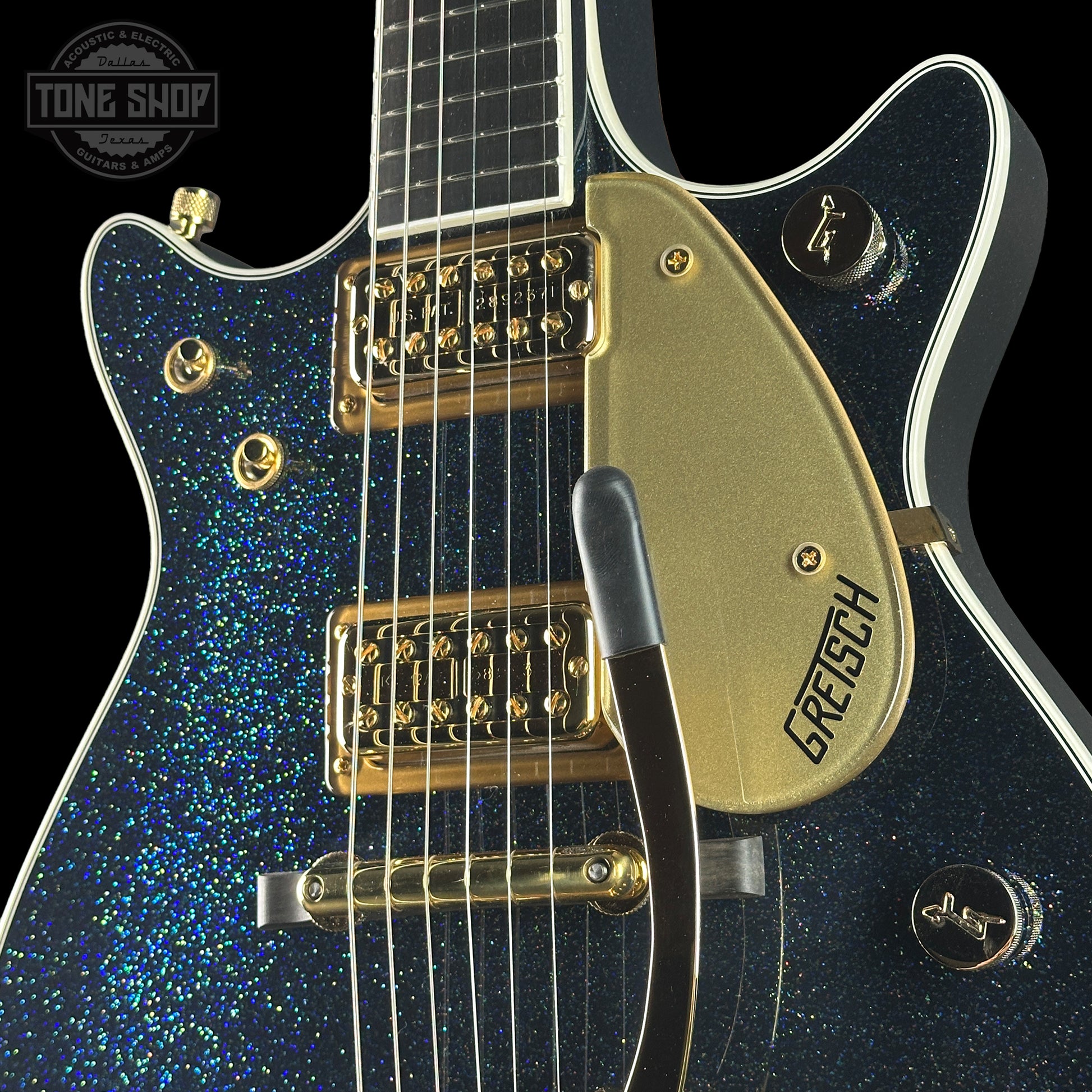 Front angle of Gretsch Custom Shop G6128-62 Holoflake NOS.