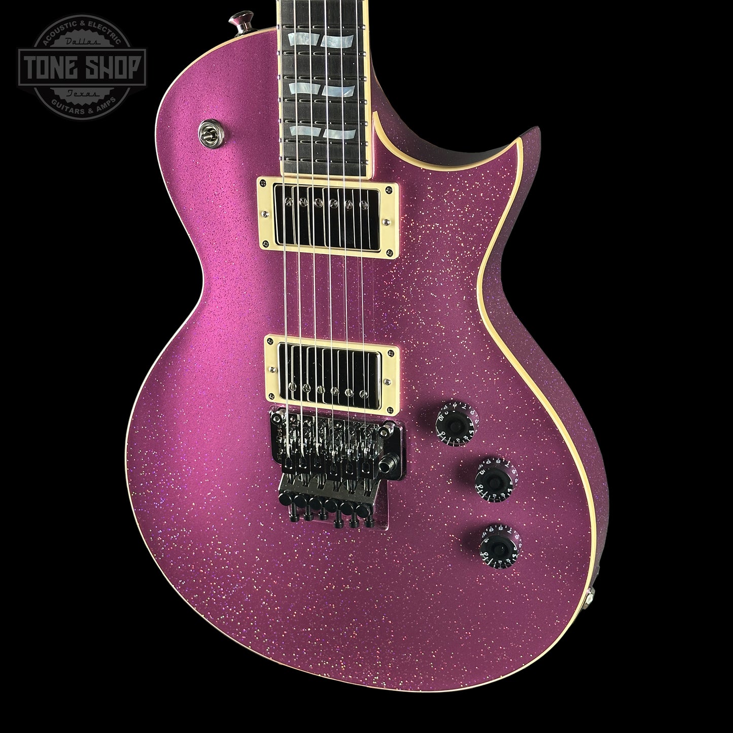 Front angle of ESP USA Eclipse Disco Pink Sparkle.