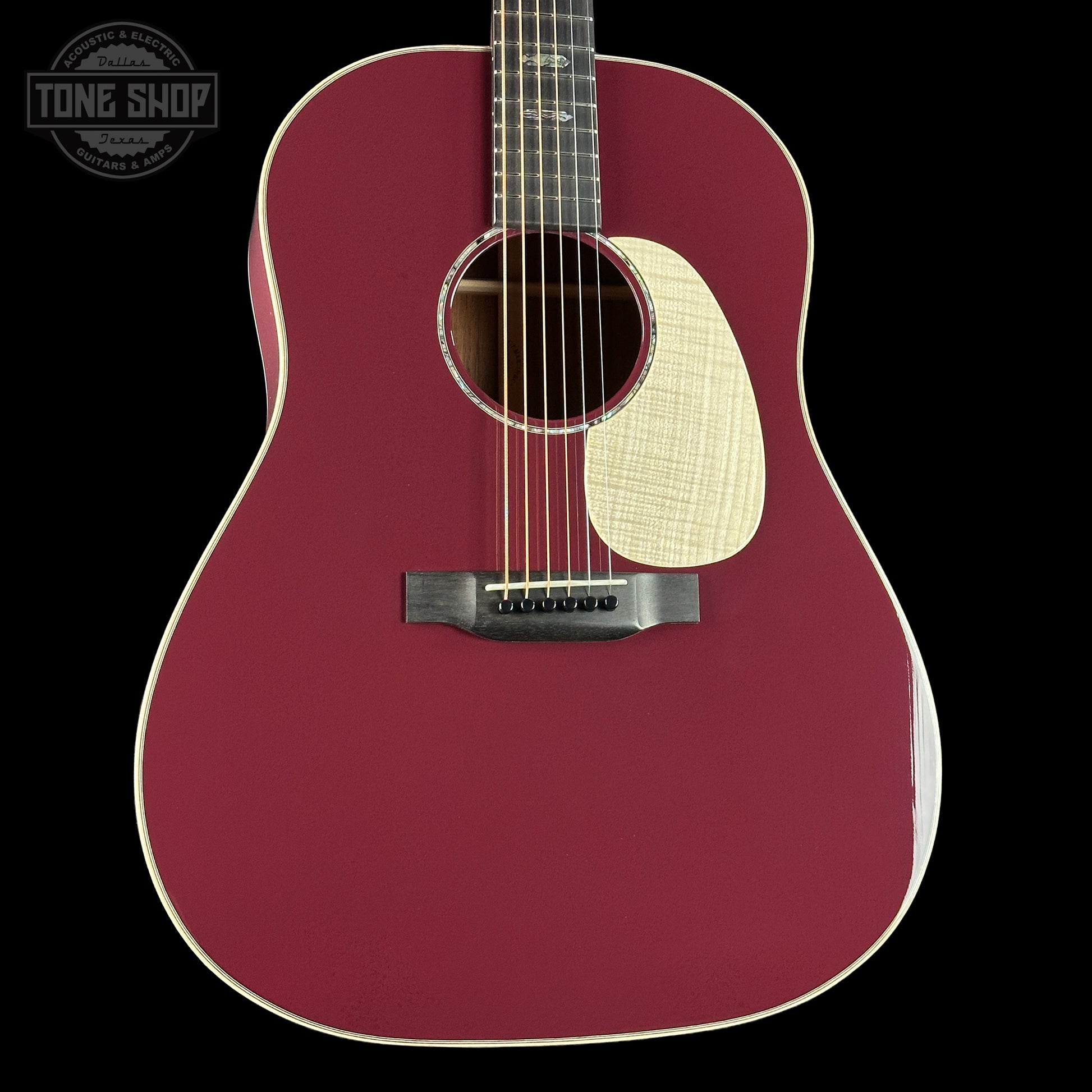 Front angle of Martin Custom Shop Slope Shoulder Dread Spruce/Mahogany Burgundy.
