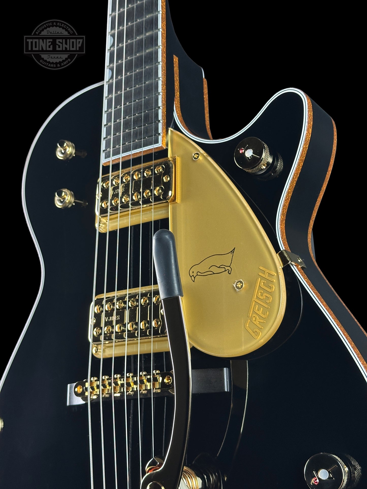 Front angle of Gretsch G6134T-58-TSFSR Tone Shop Exclusive Vintage Select Edition 58 Penguin Ebony.