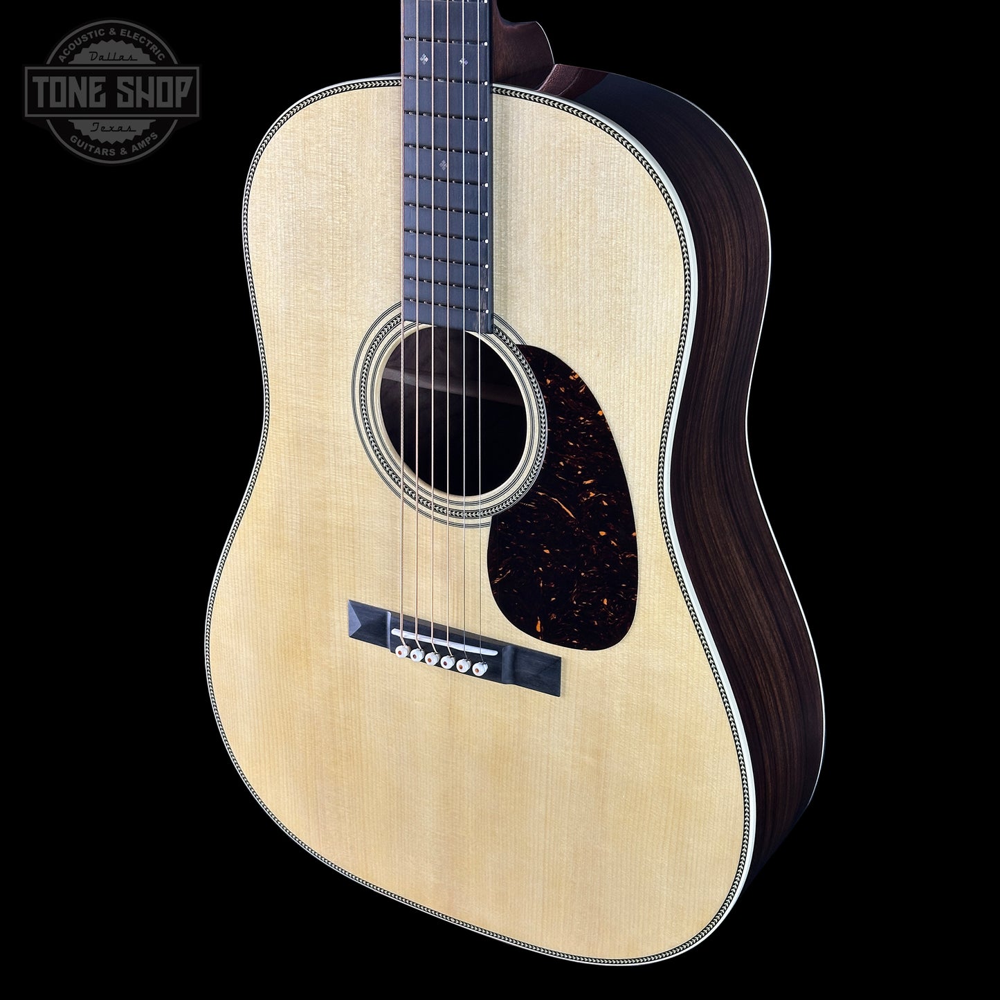 Front angle of Martin Custom Shop Dread 12-Fret Wild Grain East Indian Rosewood.