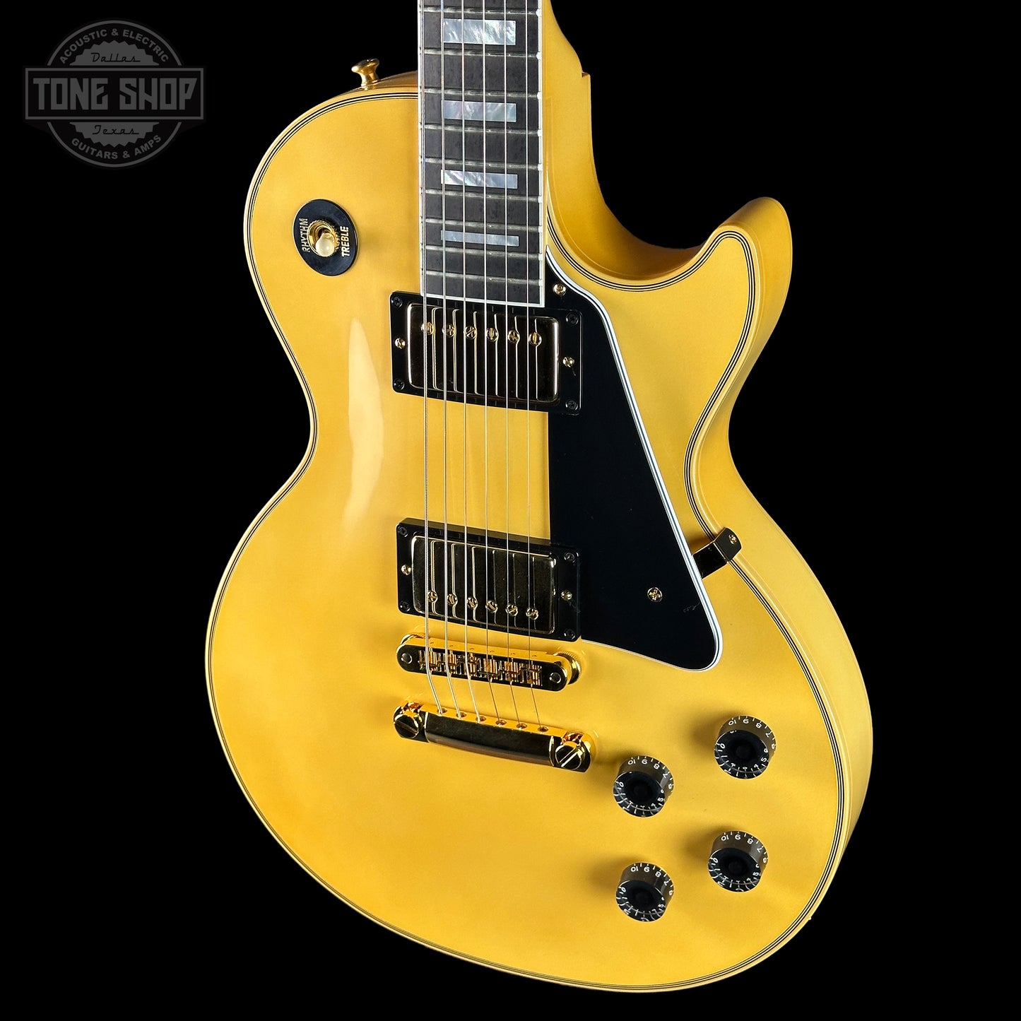 Front angle of Gibson Custom Les Paul Custom Chambered Heavy Antique White VOS.