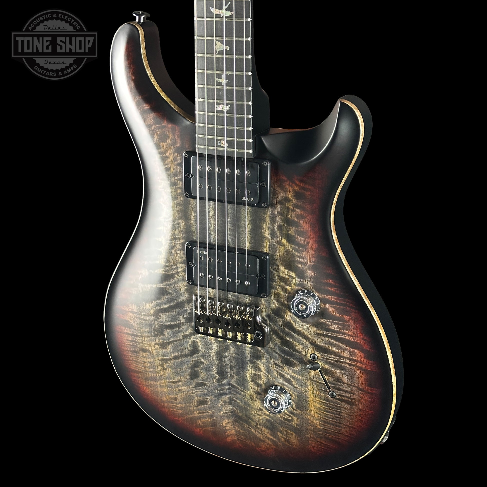 Front angle of PRS 40th Anniversary Custom 24 Satin Limited Charcoal Tri-Burst.