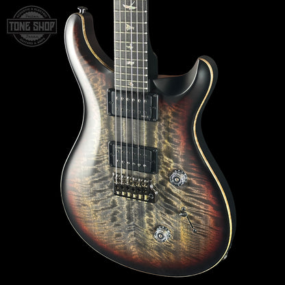Front angle of PRS 40th Anniversary Custom 24 Satin Limited Charcoal Tri-Burst.