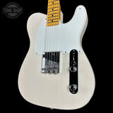 Front angle of Fender Custom Shop Vintage Custom 1950 Pine Esquire Time Capsule Aged White Blonde.