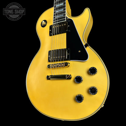 Front angle of Gibson Custom Les Paul Custom Chambered Heavy Antique White VOS.