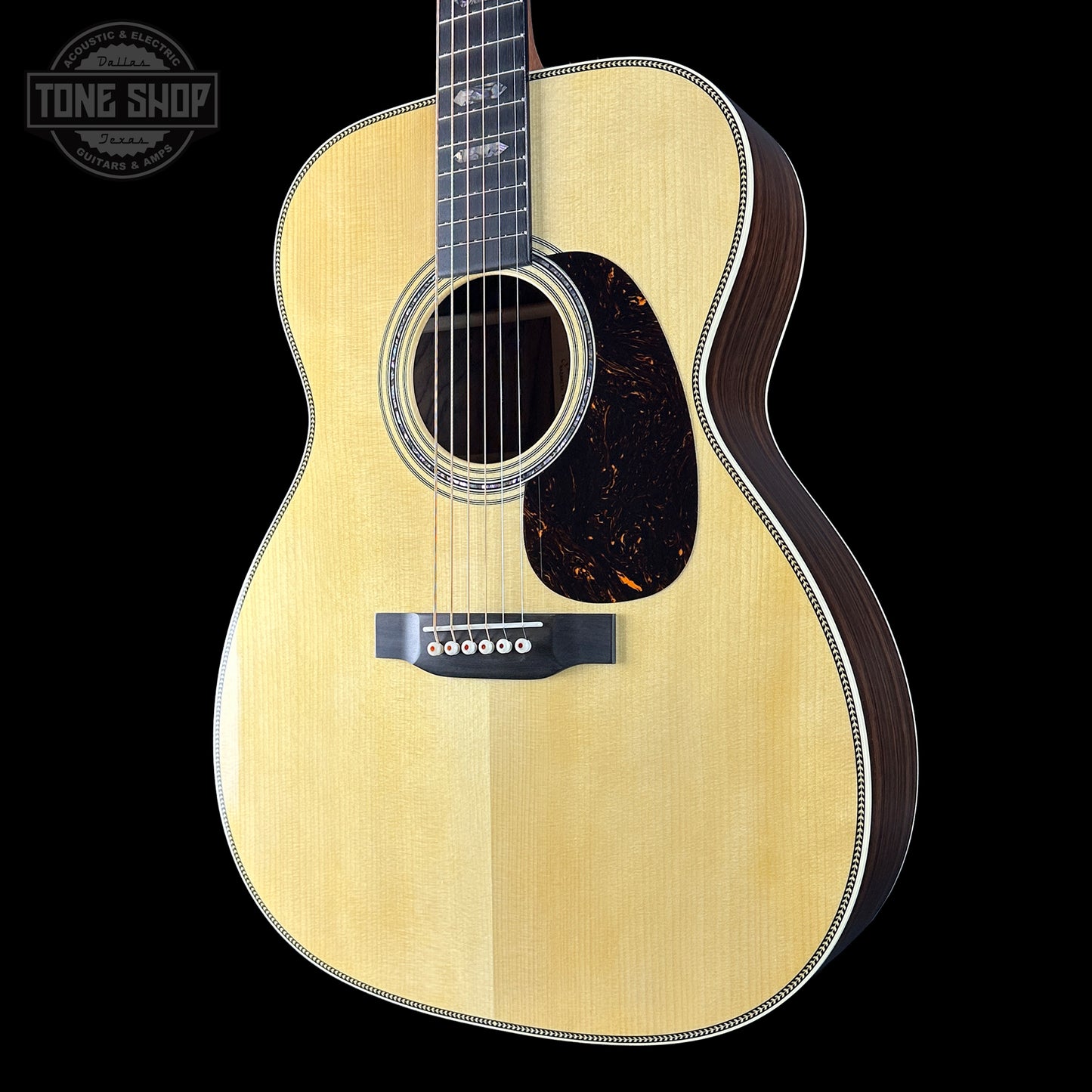 Front angle of Martin Custom Shop 0000 Wild Grain East Indian Rosewood.