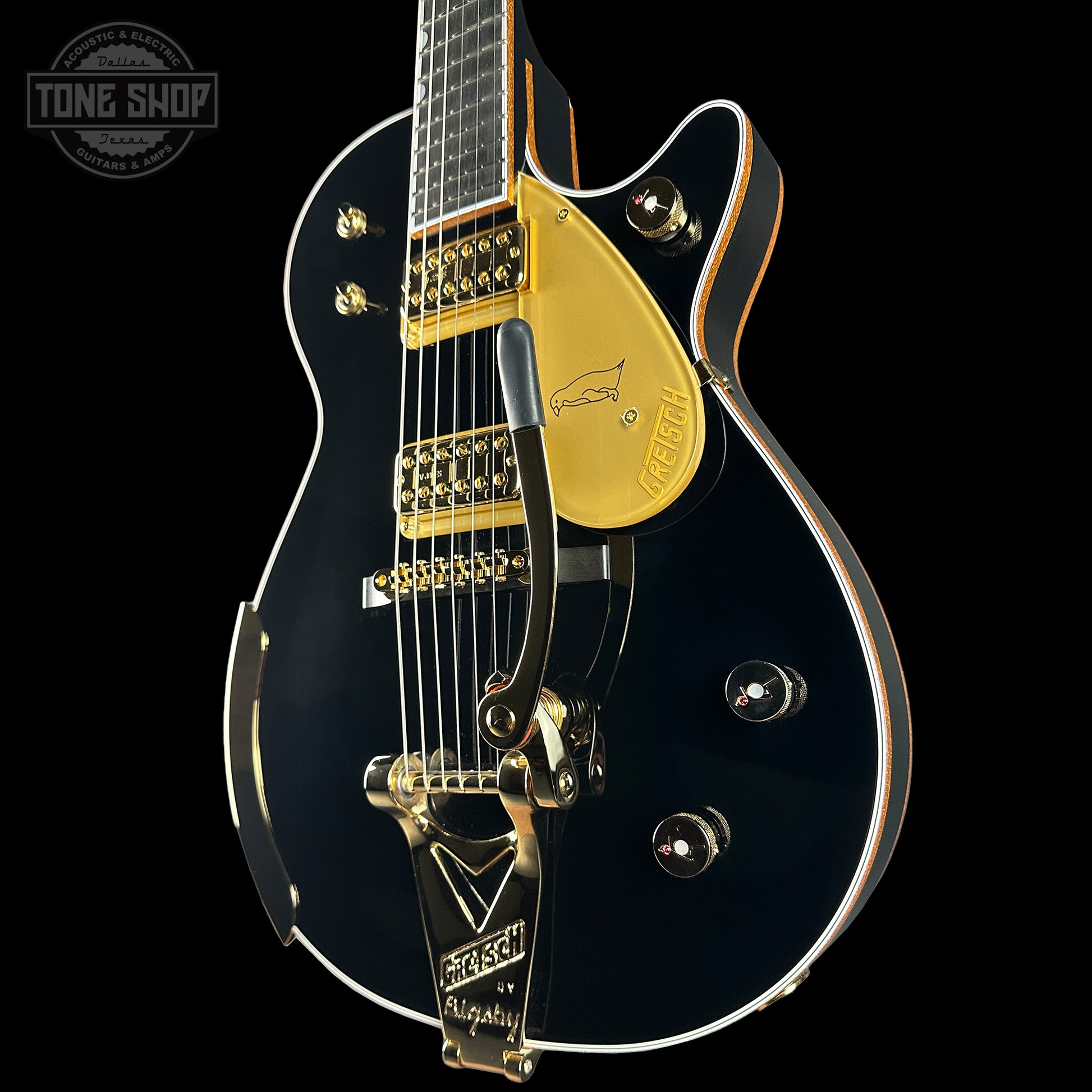 Front angle of Gretsch G6134T-58-TSFSR Tone Shop Exclusive Vintage Select Edition 58 Penguin Ebony.