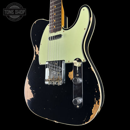 Front angle of Fender Custom Shop Time Machine '60 Tele Custom Heavy Relic Aged Black.