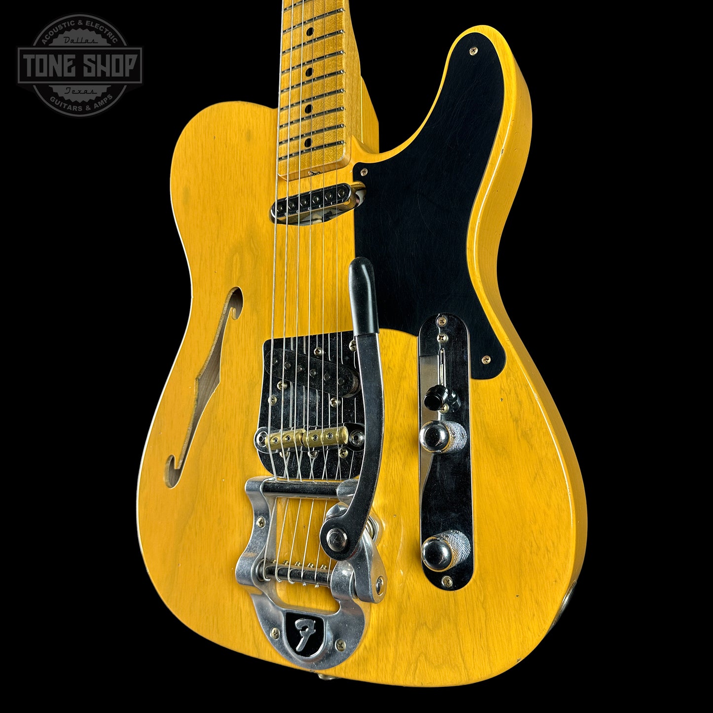 Front angle of Fender Custom Shop Postmodern Tele MN Journeyman Relic Aged Butterscotch Blonde.