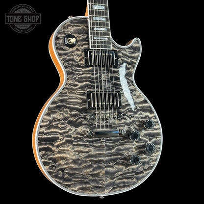 Front angle of Gibson Custom Shop TSG Anniversary Les Paul Custom Chambered 7A Quilt Cobra.