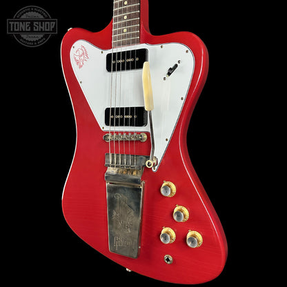 Front angle of Gibson Custom Dealer Select 1965 Non Reverse Firebird Ember Red Ultra Light Aged.