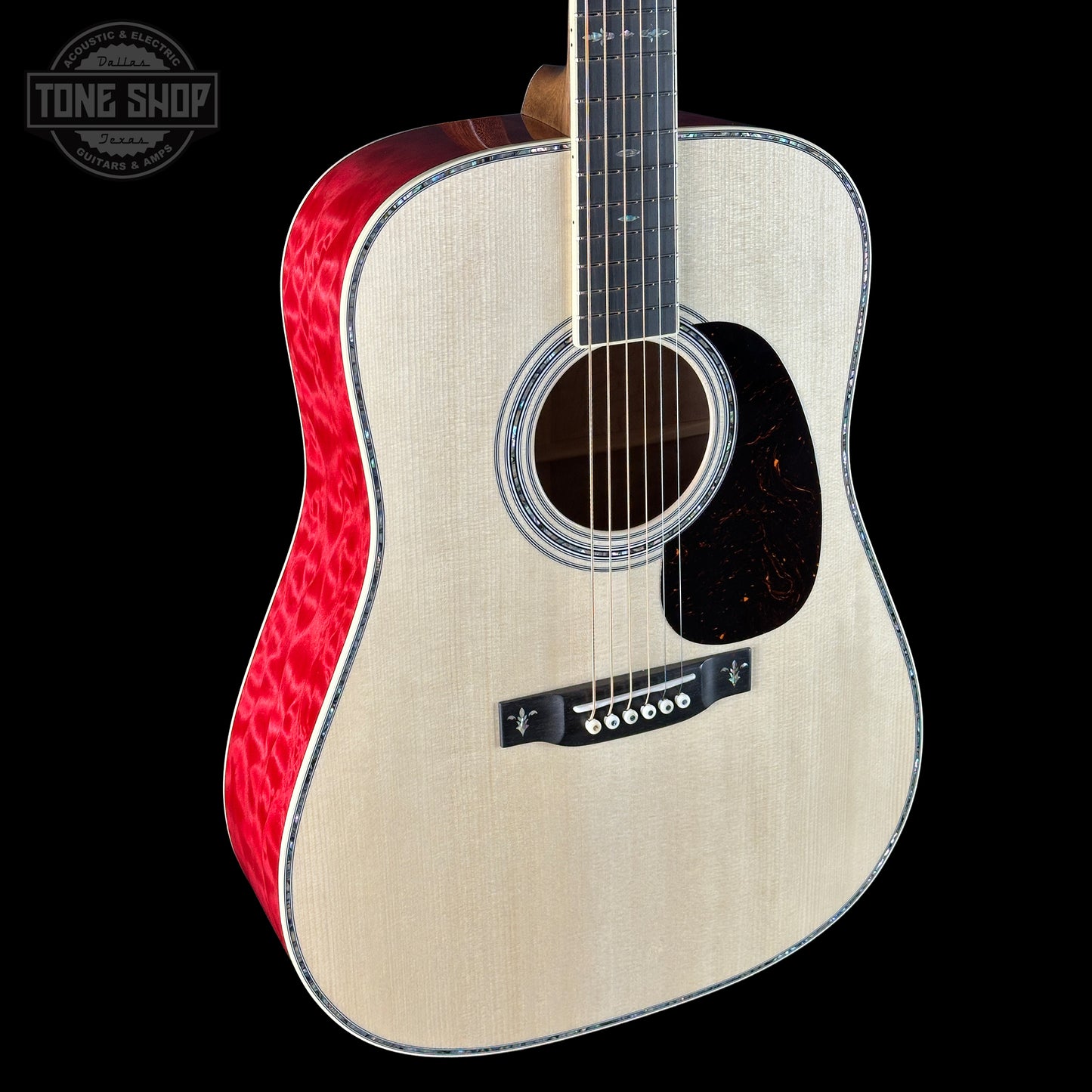 Front angle of Martin Custom Shop Dread 14-Fret Quilted Maple.