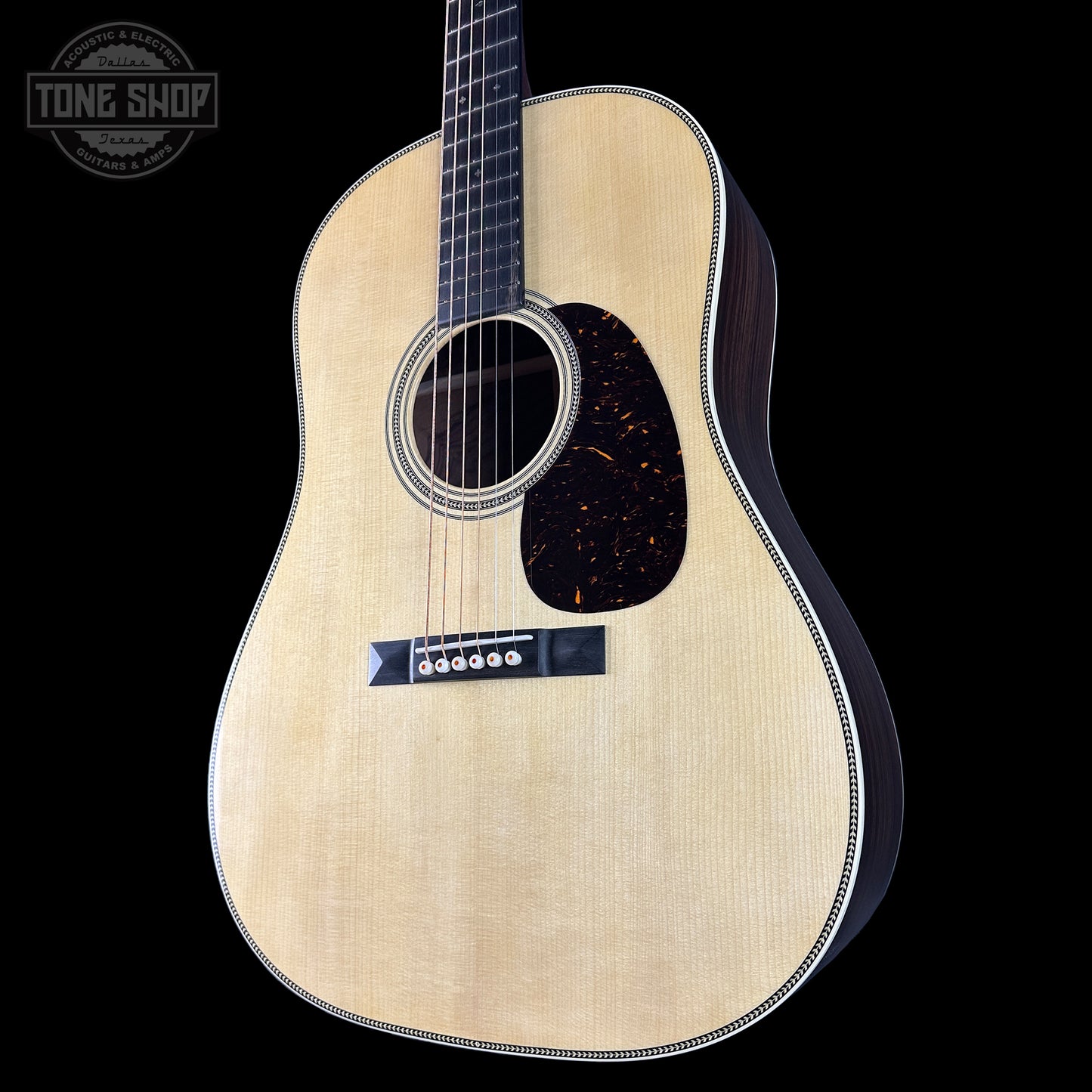 Front angle of Martin Custom Shop Dread 12-Fret Wild Grain East Indian Rosewood.