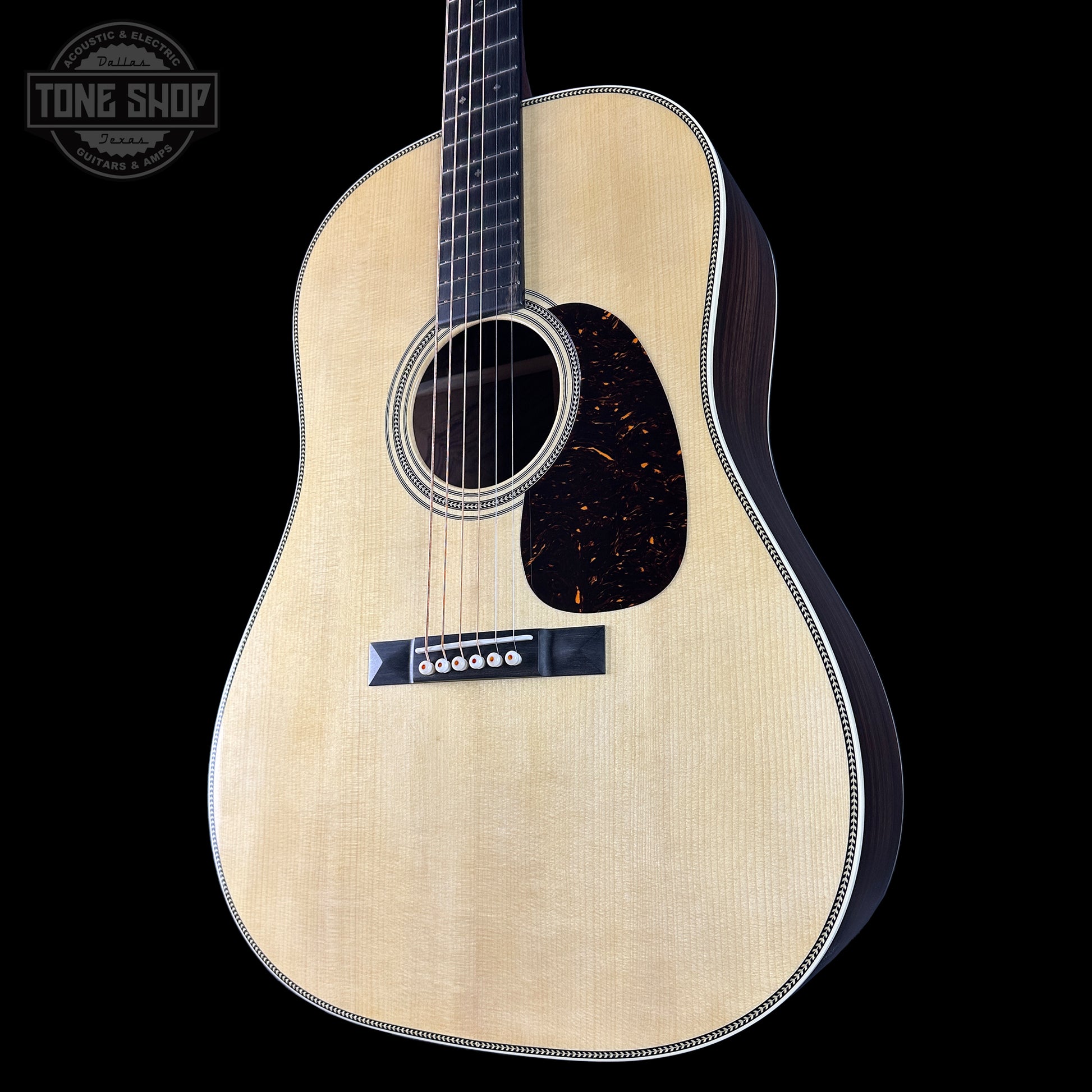 Front angle of Martin Custom Shop Dread 12-Fret Wild Grain East Indian Rosewood.