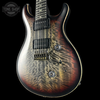 Front angle of PRS 40th Anniversary Custom 24 Satin Limited Charcoal Tri-Burst.