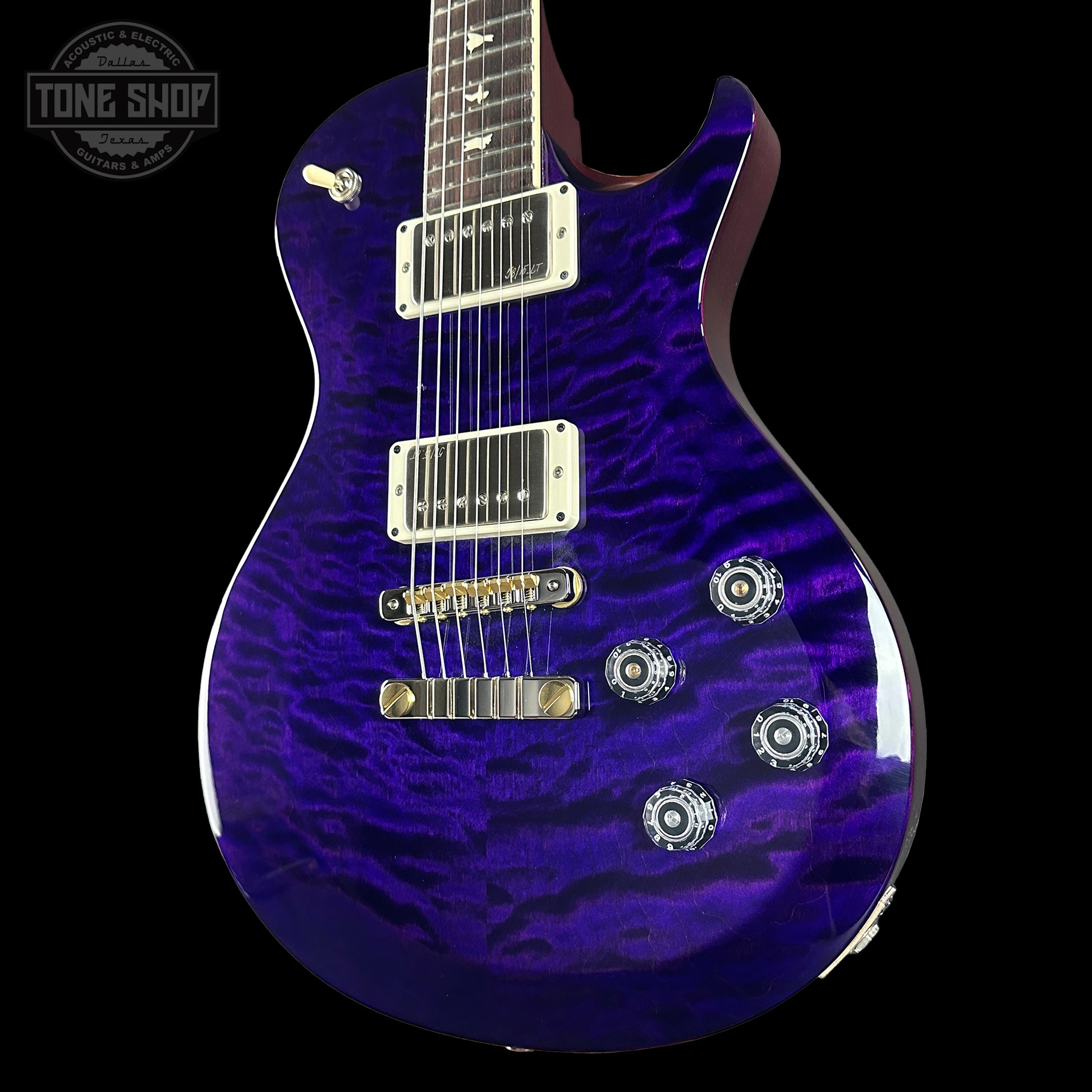 Front angle of PRS S2 Wood Library McCarty 594 Singlecut Quilt Purple.