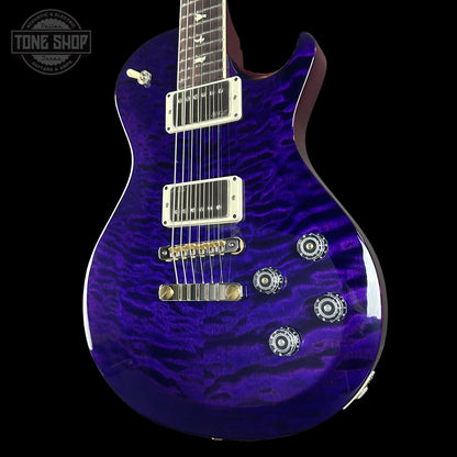 Front angle of PRS S2 Wood Library McCarty 594 Singlecut Quilt Purple.