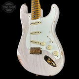 Front angle of Fender Custom Shop 1957 Stratocaster Relic White Blonde AAA Maple Neck.