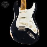 Front angle of Fender Custom Shop 1957 Stratocaster Relic Black AAA Maple Neck.