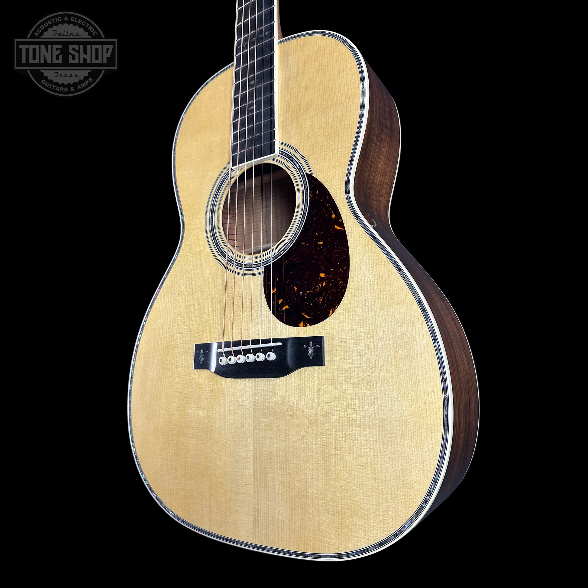 Front angle of Martin Custom Shop 00-12F 41 Style Adirondack/Exceptional Broad Figure Koa.