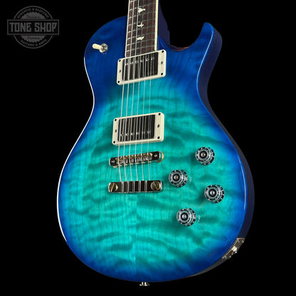 Front angle of PRS S2 Wood Library McCarty 594 Singlecut Quilt Makena Blue.