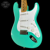 Front angle of Fender Custom Shop 70th Anniversary 1954 Stratocaster Journeyman Relic Seafoam Green.