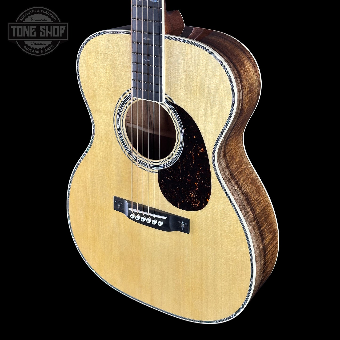 Front angle of Martin Custom Shop OM 41 Style Adirondack / Exceptional Broad Figure Koa.