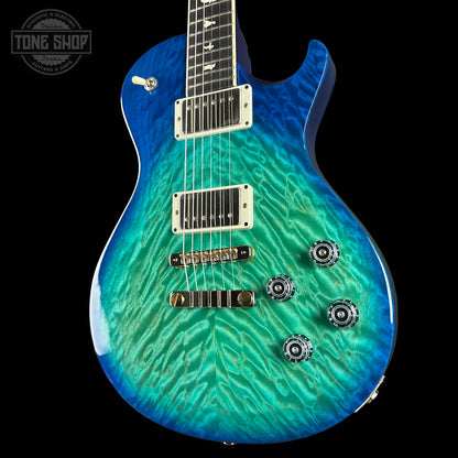 Front angle of PRS S2 Wood Library McCarty 594 Singlecut Quilt Makena Blue.