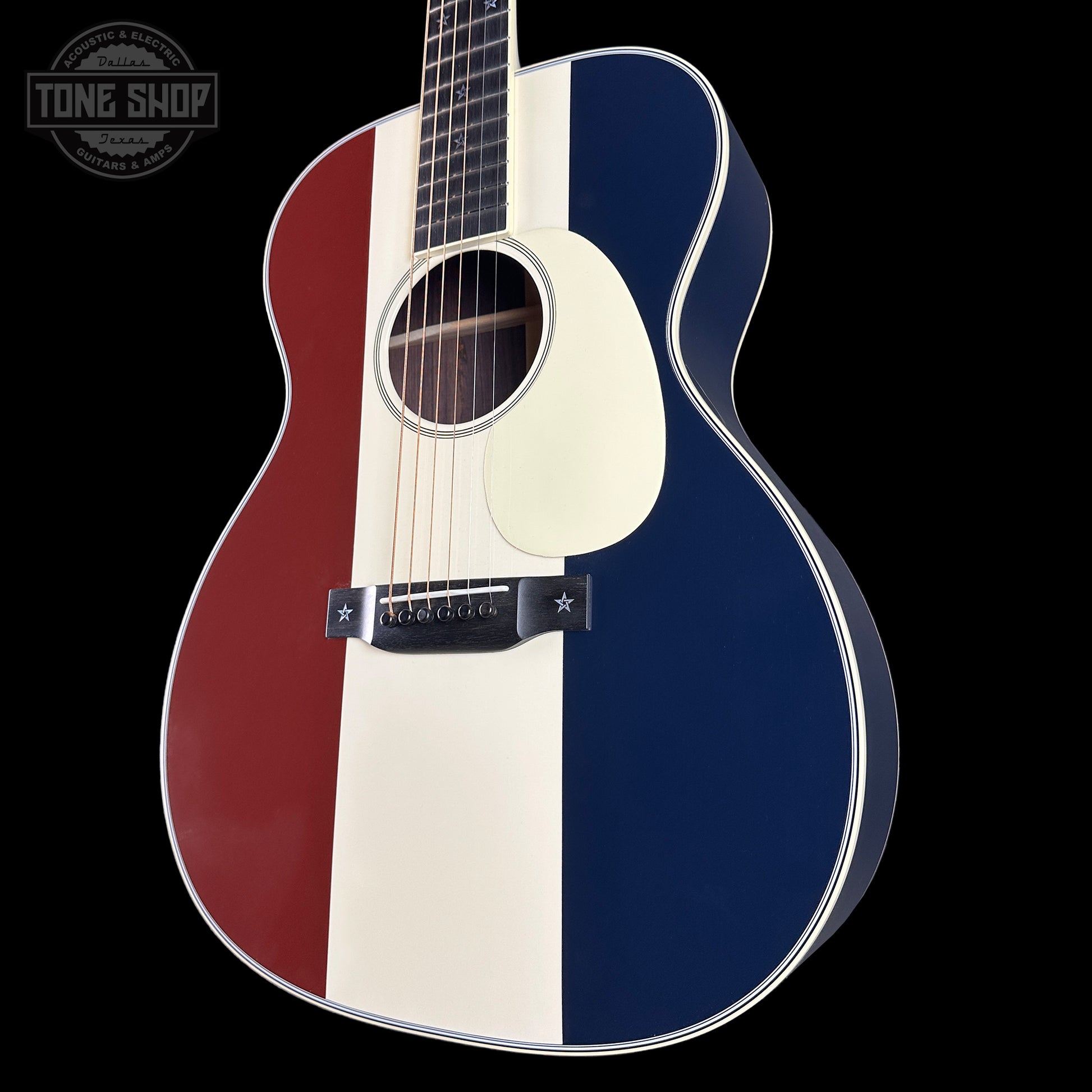 Front angle of Martin Custom Shop OM Red/White/Blue Sitka/EIR.